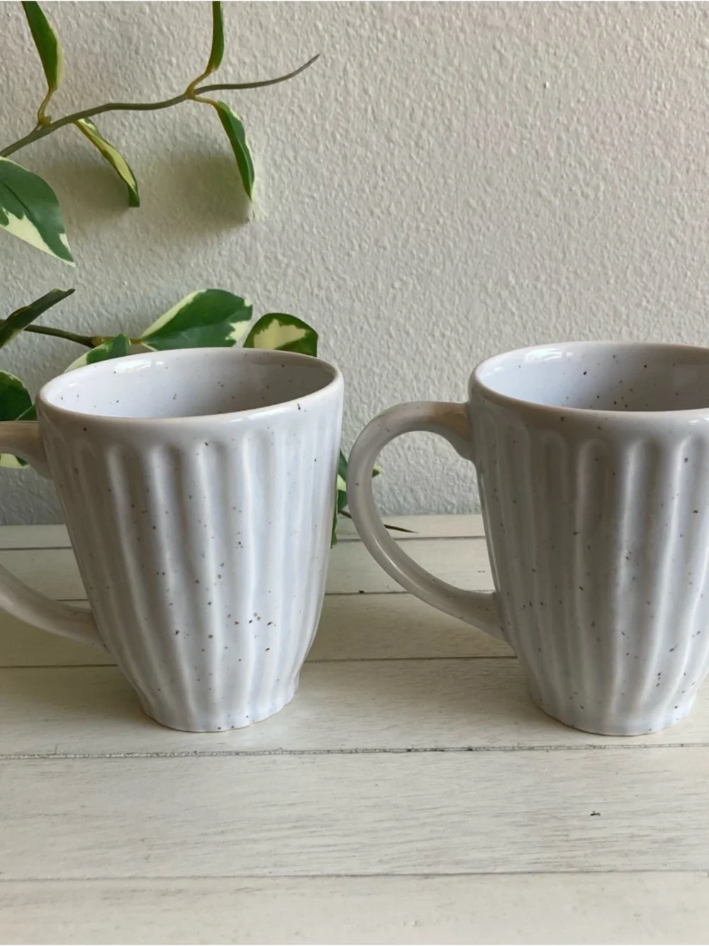 West Elm Set of 2 Ribbed Speckled Tea Coffee Mugs White Beige Neutral